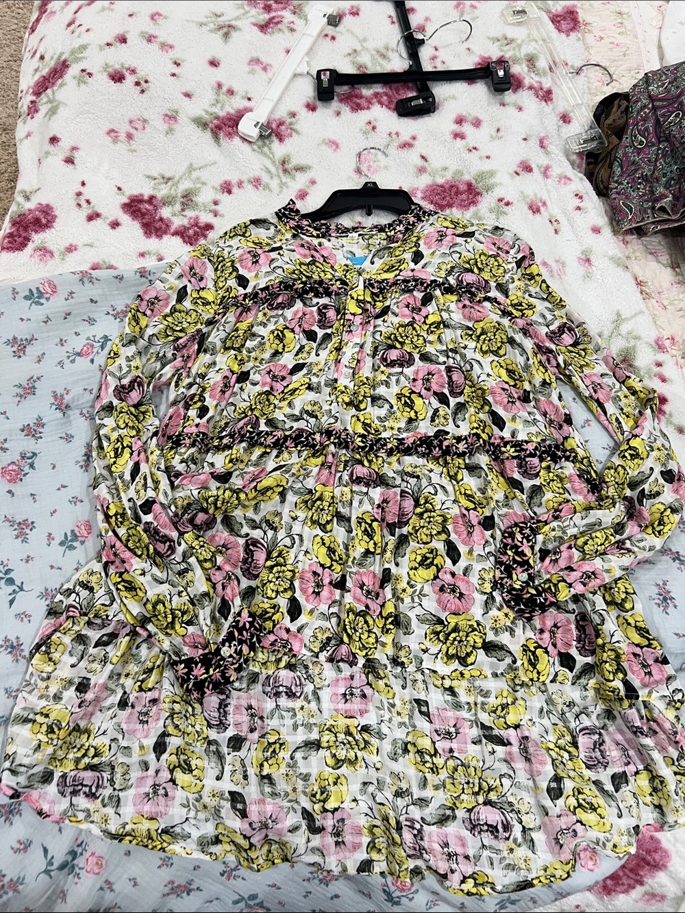 Jane and Delancey Pink and Yellow Floral Long-Sleeve Tiered Dress